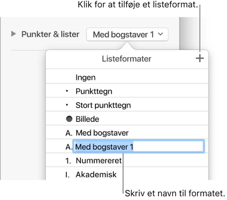 Lokalmenuen Listeformater med knappen Tilføj i øverste højre hjørne og et eksempel på et formatnavn med teksten valgt.