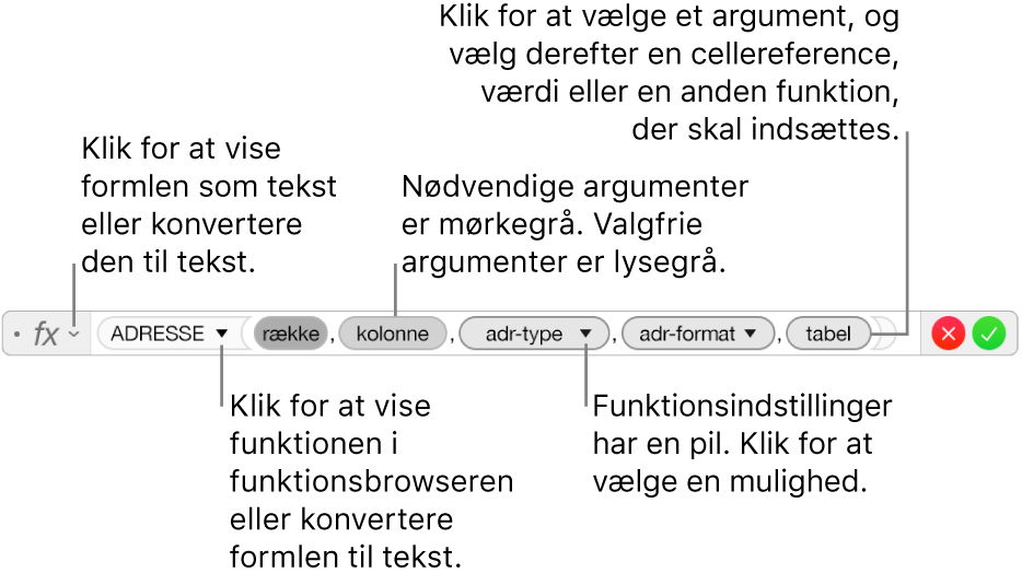 Formelværktøjet, der viser funktionen ADRESSE og dens argumentmærker.