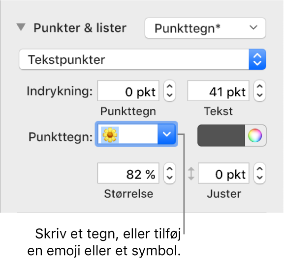 Sektionen Punkter & lister i indholdsoversigten Format. I feltet Punkttegn vises emoji-symbolet Blomst.