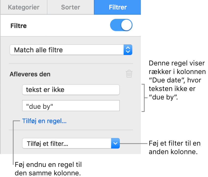 Betjeningsmuligheder til oprettelse af filtreringsregler.