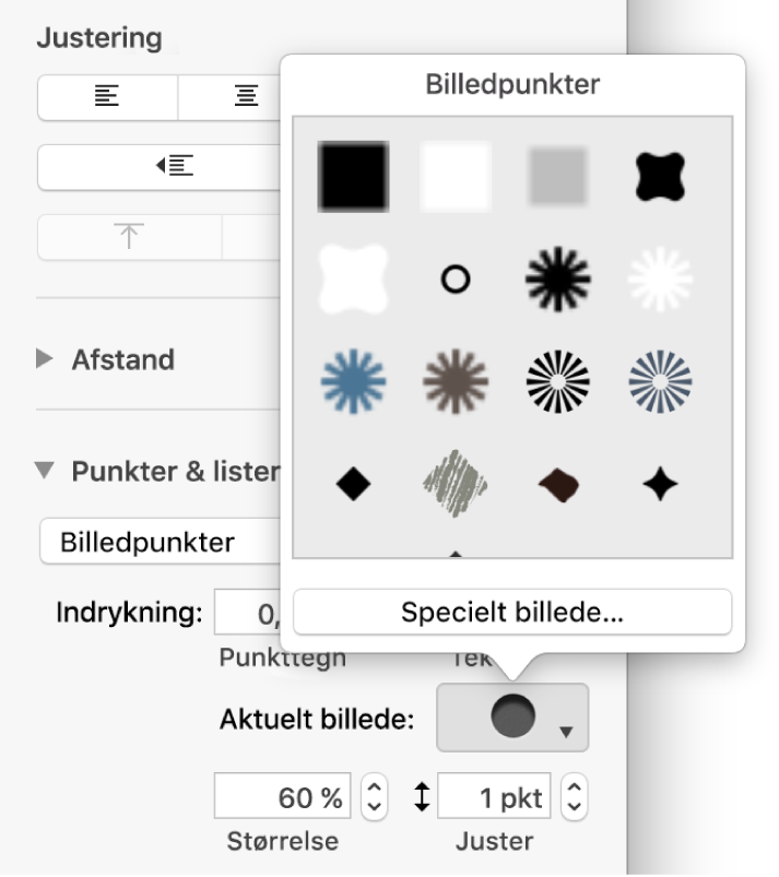 Lokalmenuen Billedpunkter.