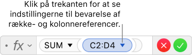 Formelværktøjet, der viser, hvordan rækken og kolonnen bevares i en udsnitsreference.