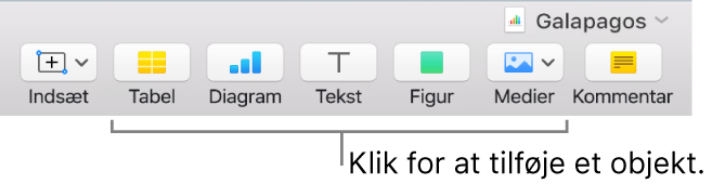 Numbers-vinduet med billedforklaringer til objektknapperne på værktøjslinjen.