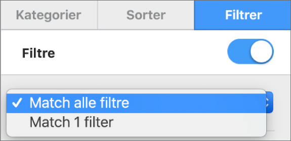 Lokalmenuen, hvor du kan vælge mellem at vise rækker, der opfylder alle filtre eller nogle af dem.