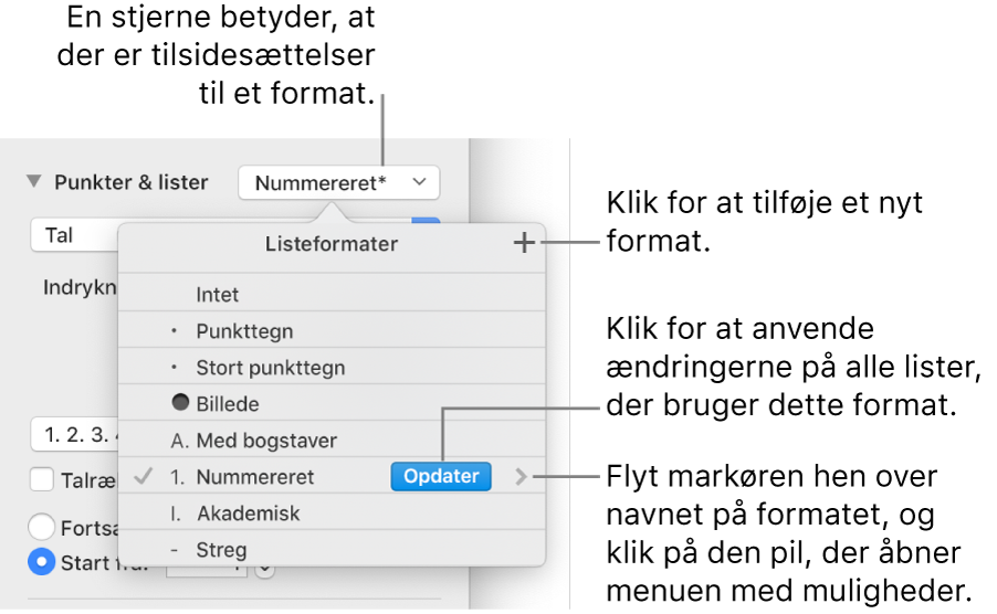 Lokalmenuen Listeformater med en stjerne, der viser en tilsidesættelse, en billedforklaring til knappen Nyt format og en undermenu med muligheder til styring af formater.