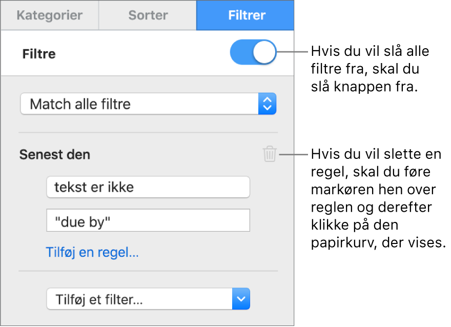 Betjeningsmuligheder til sletning af et filter eller til at slå alle filtre fra.