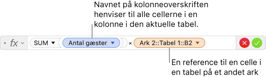 Formelværktøjet, der viser en formel, som refererer til en kolonne i en tabel og en celle i en anden tabel.