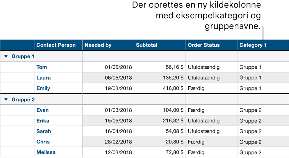 En kategoriseret tabel med eksempelnavne på kategorier og grupper.