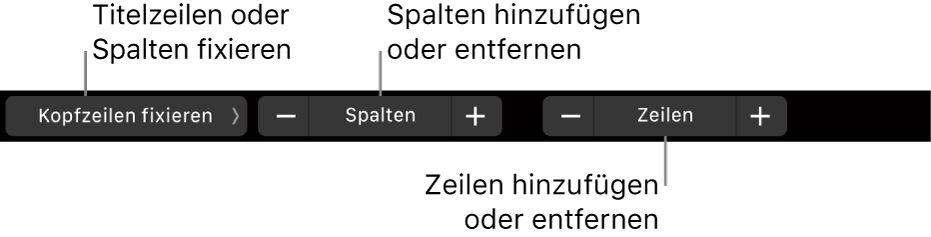 Die Touch Bar des MacBook Pro mit den Steuerelementen zum Fixieren von Titelspalten und -zeilen sowie zum Hinzufügen und Entfernen von Zeilen und von Spalten.