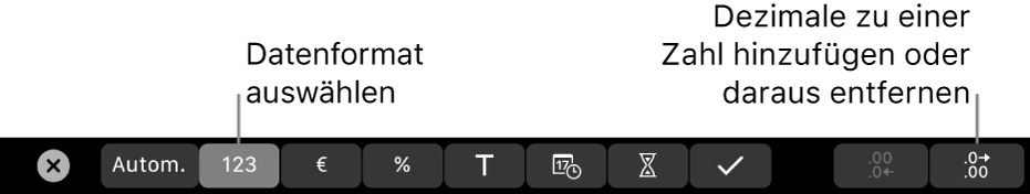Die Touch Bar des MacBook Pro mit den Steuerelementen zum Auswählen des Datenformats und zum Hinzufügen und Entfernen von Dezimalstellen bei Zahlenangaben.