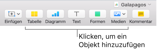 Numbers-Fenster mit Beschreibungen für die Tasten in der Symbolleiste.