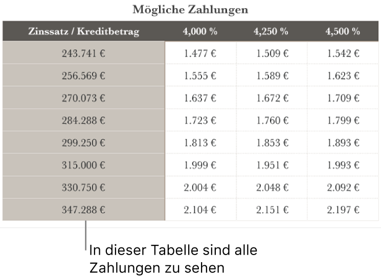 Eine Tabelle mit Ratenzahlungen vor dem Filtern für finanzierbare Tilgungsraten.