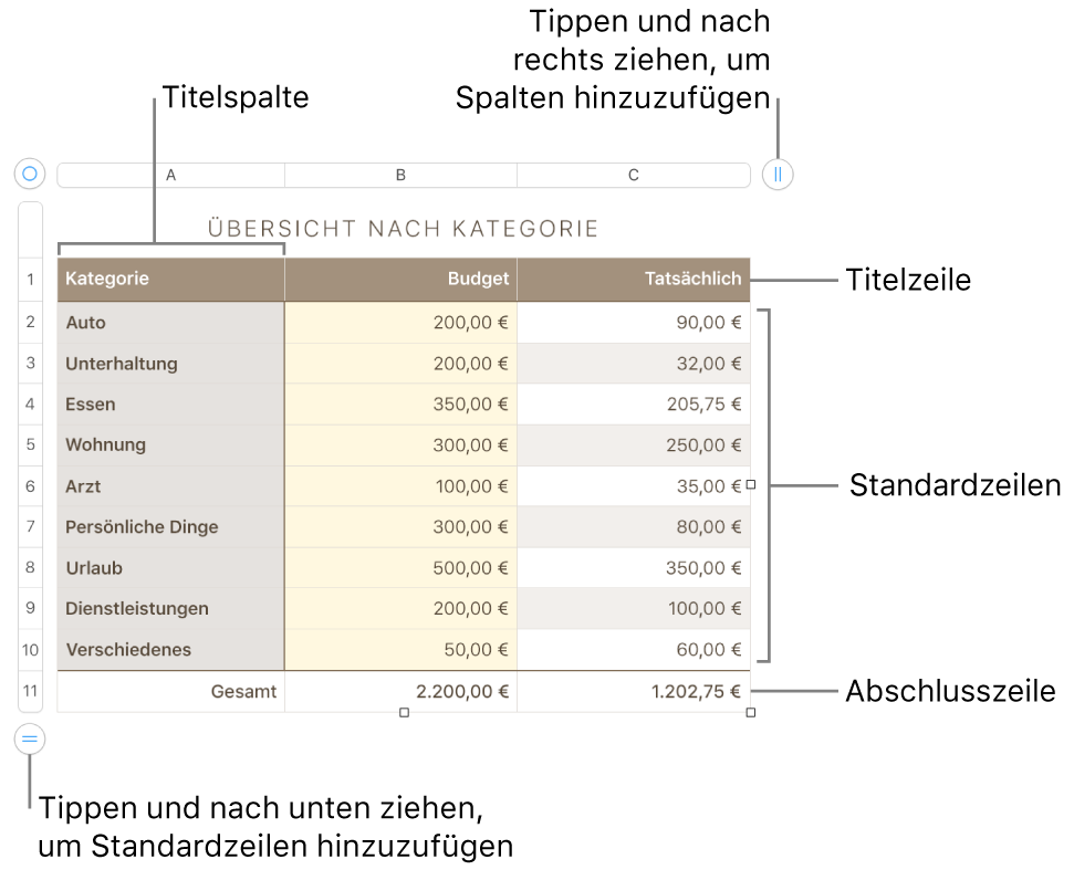 Eine Tabelle mit Titel-, Standard- und Abschlusszeilen und Spalten sowie Aktivpunkten zum Hinzufügen oder Löschen von Zeilen oder Spalten.