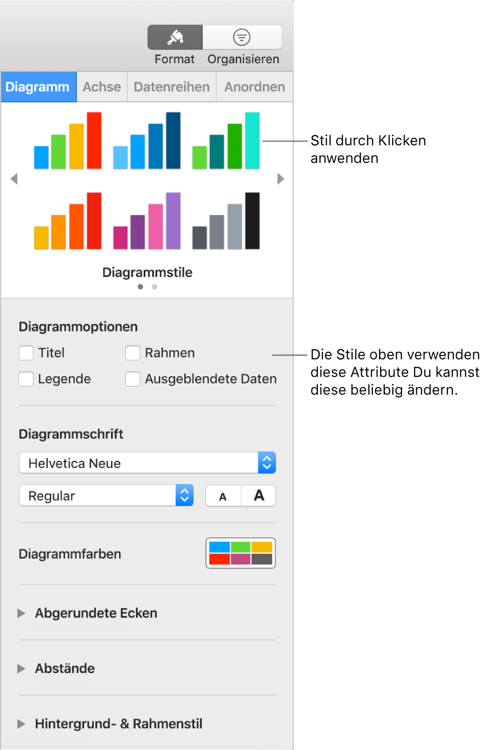 Formatierungsseitenleiste mit Steuerelementen zum Formatieren von Diagrammen