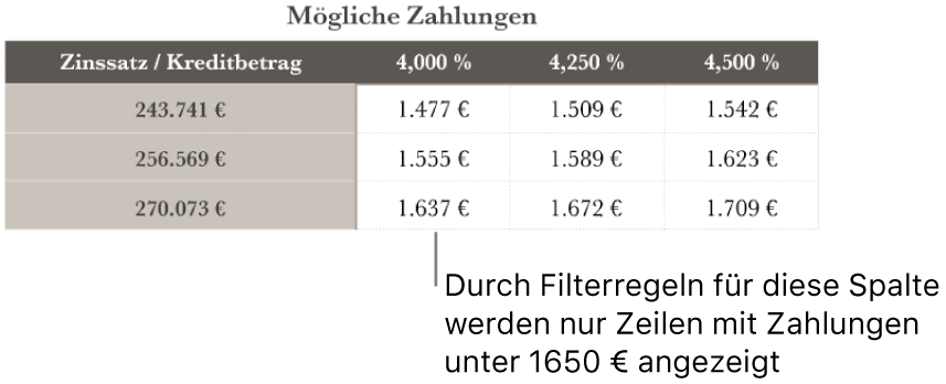 Eine Tabelle mit Ratenzahlungen nach dem Filtern für finanzierbare Tilgungsraten.