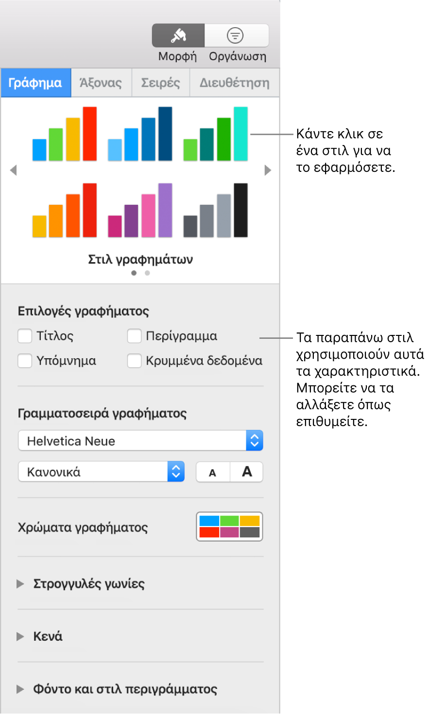 Η πλαϊνή στήλη «Μορφοποίηση» με τα χειριστήρια για τη μορφοποίηση γραφημάτων.