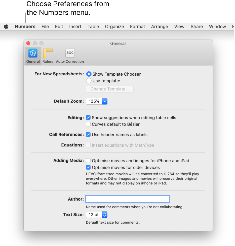 The Numbers Preferences dialog showing the General settings panel.