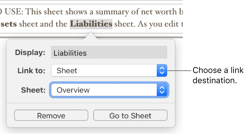 The link editor with a Display field, Link to pop-up menu (Sheet is selected) and Sheet pop-up menu (a sheet named Overview is selected). The Remove and Go to Sheet buttons are at the bottom of the pop-over.