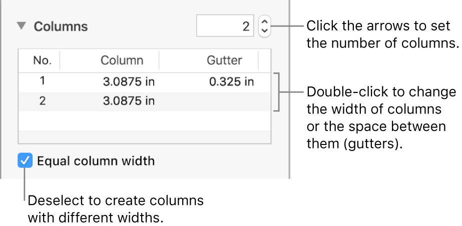 Controls in the columns section for changing the number of columns and the width of each column.