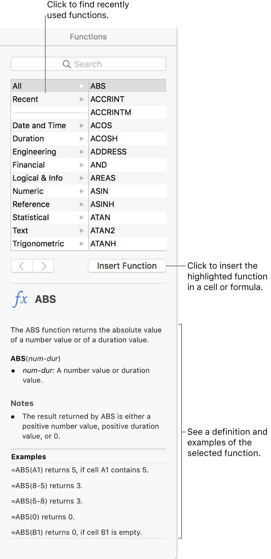 The Functions Browser with callouts to recently used functions, the Insert Function button, and the function definition.