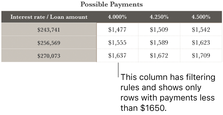 A mortgage table shown after filtering for affordable interest rates.