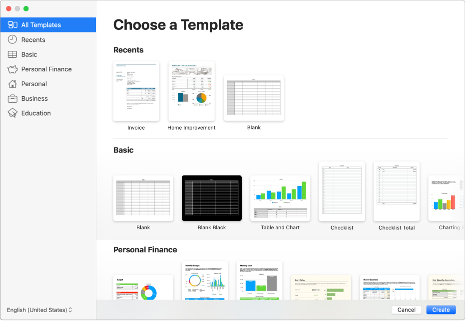 The template chooser. A sidebar on the left lists template categories you can click to filter options. On the right are thumbnails of predesigned templates arranged in rows by category, starting with Recents at the top and followed by Basic and Personal Finance. The Language and Region pop-up menu is in the bottom-left corner and Cancel and Create buttons are in the bottom-right corner.