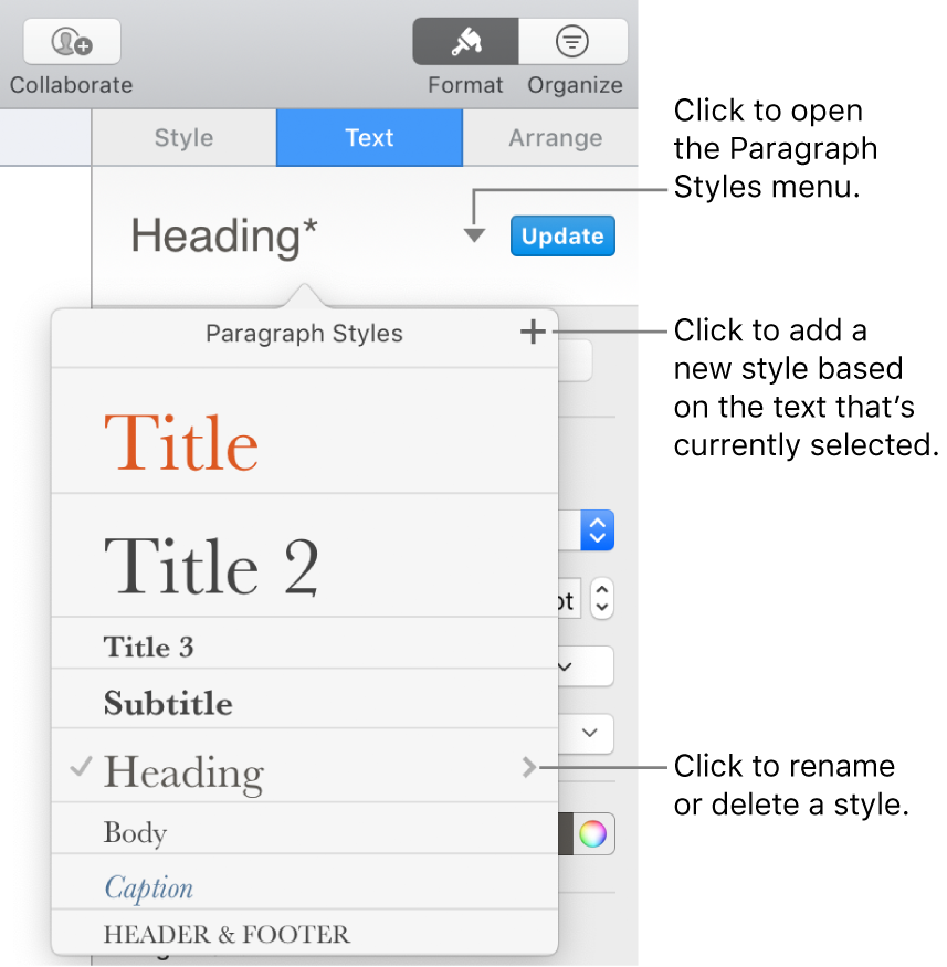 The Paragraph Styles menu, showing controls to add or change a style.