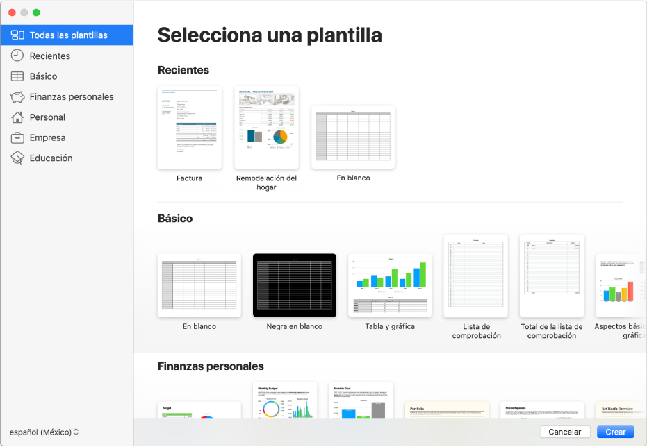 El selector de plantilla. A la izquierda aparece una barra lateral que muestra categorías de plantillas en las que puedes hacer clic para filtrar las opciones. A la derecha, organizadas en filas por categoría, aparecen miniaturas de las plantillas prediseñadas, comenzando con la categoría Recientes en la parte superior, seguida por las categorías Básicas y Finanzas personales. El menú desplegable “Idioma y región” se encuentra en la esquina inferior izquierda, y los botones Cancelar y Crear se encuentran en la esquina inferior derecha.