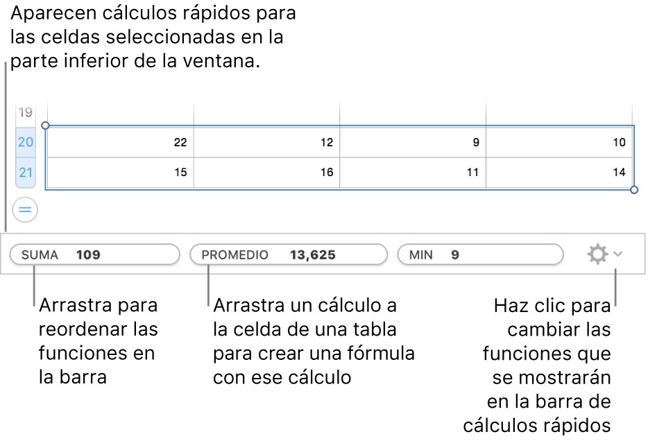 Arrastra para reordenar las funciones, arrastra un cálculo a la celda de una tabla para añadirlo o haz clic en el menú para cambiar las funciones que se muestran.