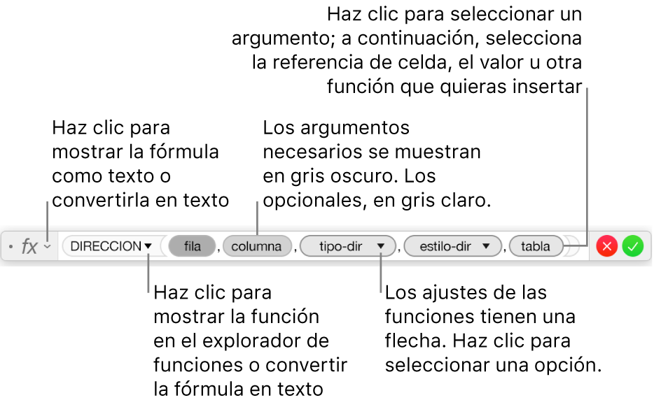 Editor de fórmulas con la función DIRECCION y sus identificadores de argumentos.