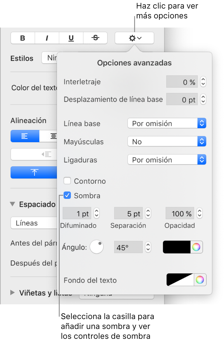 El menú “Opciones avanzadas” abierto con la casilla Sombras seleccionada y los controles para ajustar el difuminado, la separación, la opacidad, el ángulo y el color.