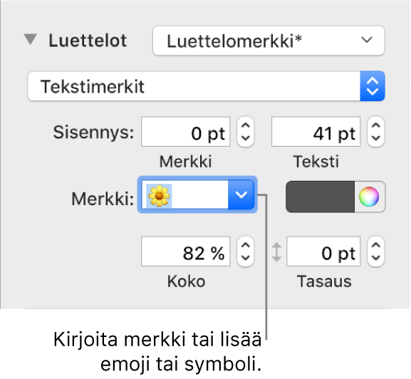 Muoto-sivupalkin Luettelot-osio. Luettelomerkki-kenttä, jossa näkyy kukkaemoji.