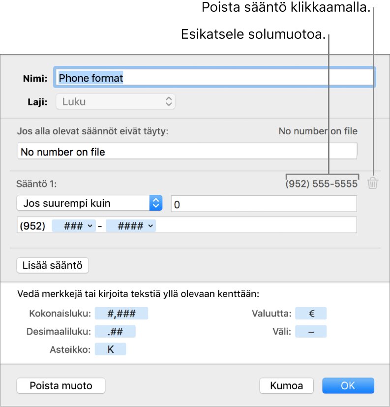 Muokattu numerosolumuoto, joka sisältää sääntöjä.