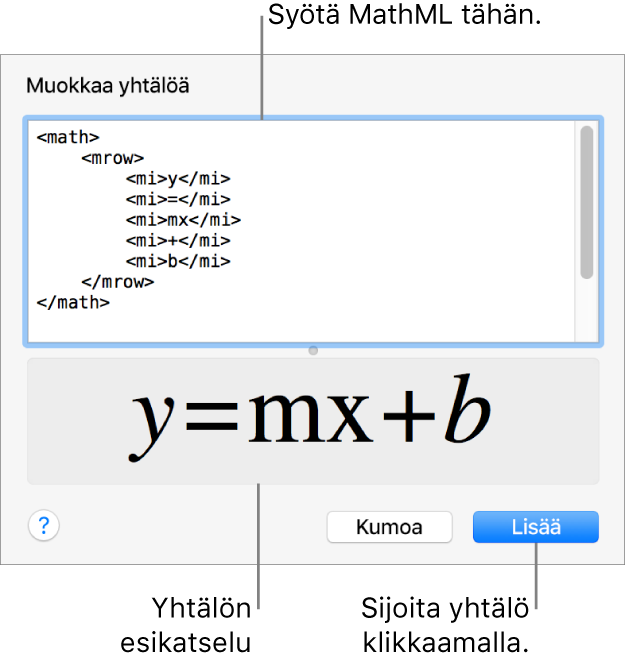 Muokkaa yhtälöä -kentässä on suoran kulmakertoimen yhtälö ja alla kaavan esikatselu.
