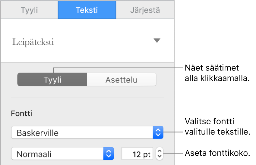 Muoto-sivupalkin Tyyli-osion tekstisäätimet fontin ja fonttikoon asettamiseen.