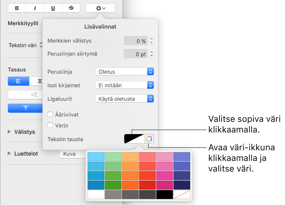 Säätimet merkkitäytön valitsemiseen.