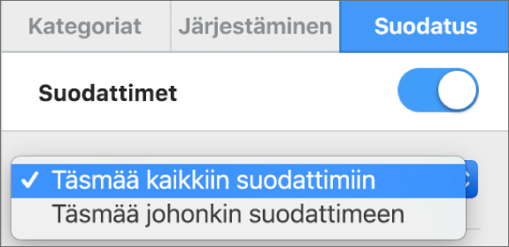 Ponnahdusvalikko, jonka avulla voi valita näytetäänkö rivit, jotka täyttävät kaikkien tai jonkin suodattimen ehdot.