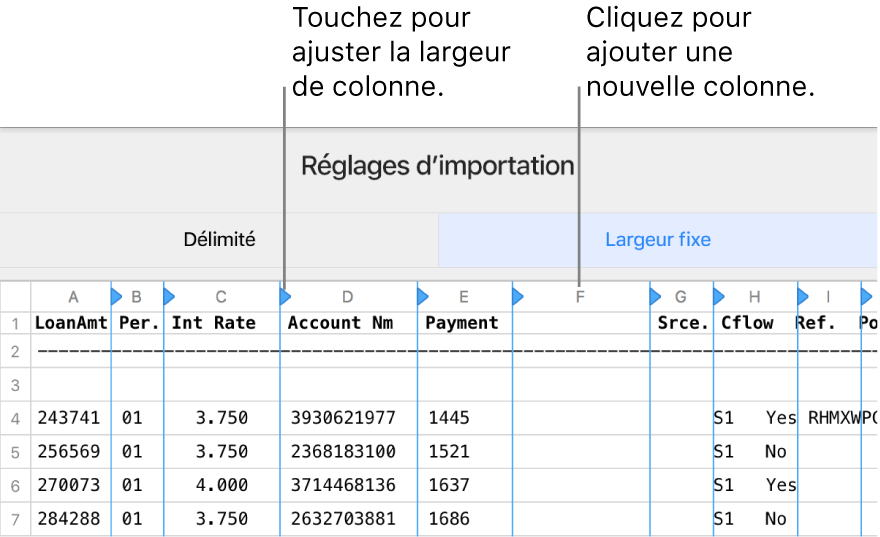 Réglages d’importation d’un fichier texte à largeur fixe.