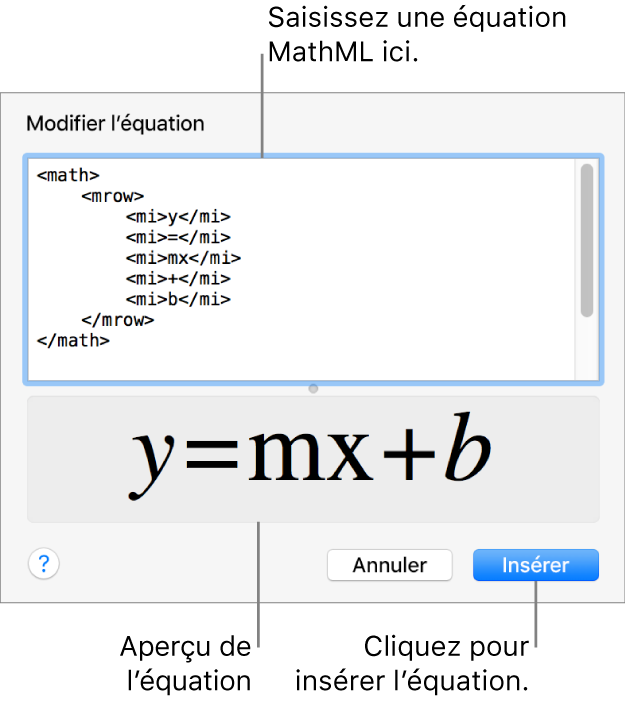 Équation de la pente d’une droite dans le champ Modifier l’équation et aperçu de la formule en dessous.