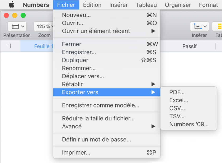Menu Fichier ouvert avec l’option Exportation vers sélectionnée, le sous-menu correspondant affichant les options d’exportation aux formats PDF, Excel, CSV et Numbers ‘09.