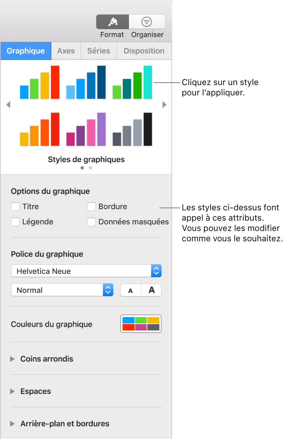 Barre latérale de formatage avec les commandes permettant de mettre en forme les graphiques.