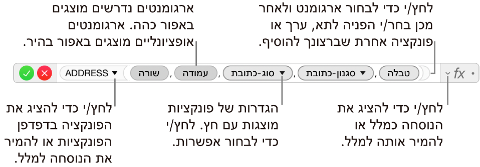 עורך הנוסחאות מציג את הפונקציה ADDRESS ואת אסימוני הארגומנטים שלה.