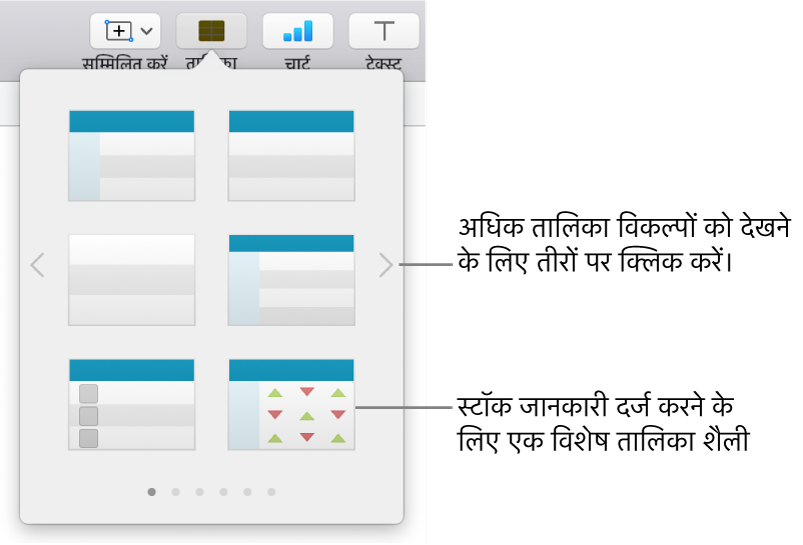 तालिका मेनू द्वारा नीचे दाएँ कोने में स्टॉक जानकारी दर्ज करने के लिए तालिका शैली का थंबनेल विशेष शैली के साथ दिखाया जा रहा है। नीचे दिए गए छह डॉट दर्शाते हैं कि आप अधिक शैलियाँ देखने के लिए स्वाइप कर सकते हैं।
