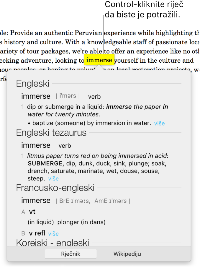 Tekst s istaknutom riječi i prozor koji pokazuje njenu definiciju i unos tezaurusa. Dvije tipke na dnu prozora pružaju poveznice na rječnik i Wikipediju.