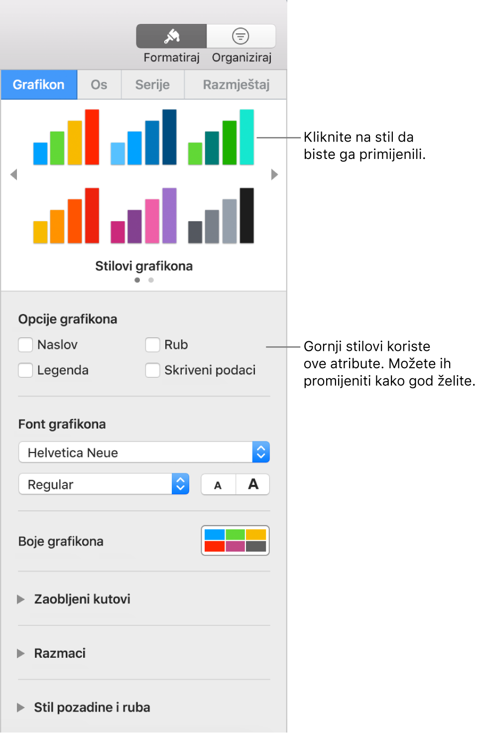 Rubni stupac Formatiranje prikazuje kontrole za formatiranje grafikona.