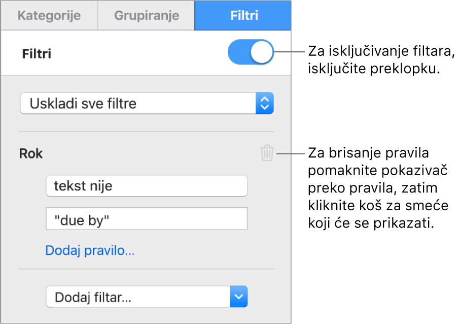 Kontrole za brisanje filtra ili isključivanje svih filtara.