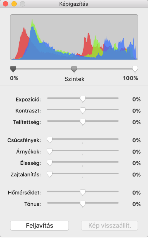 A Képigazítás ablak az expozíció, a kontraszt, a telítettség, a csúcsfények, az árnyékok, a képélesség, a zajcsökkentés, a hőmérséklet és a tónus beállítására szolgáló csúszkákkal.