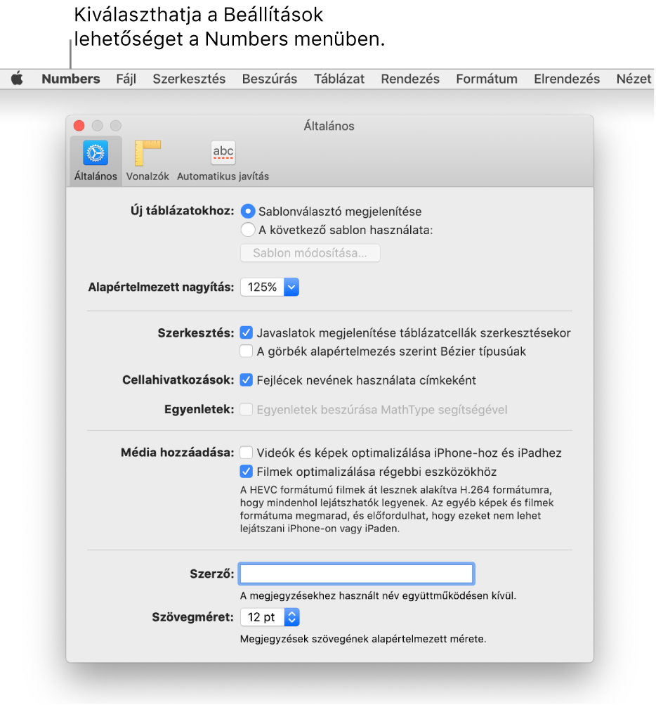 Az Általános beállítások panelt megjelenítő Beállítások párbeszédablak a Numbers alkalmazásban.
