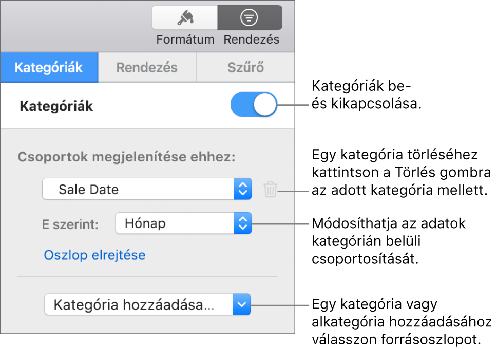 A kategóriák oldalsávja beállításokkal a kategóriák kikapcsolásához, a kategóriák törléséhez, az adatok átcsoportosításához, forrásoszlop elrejtéséhez és kategóriák hozzáadásához.