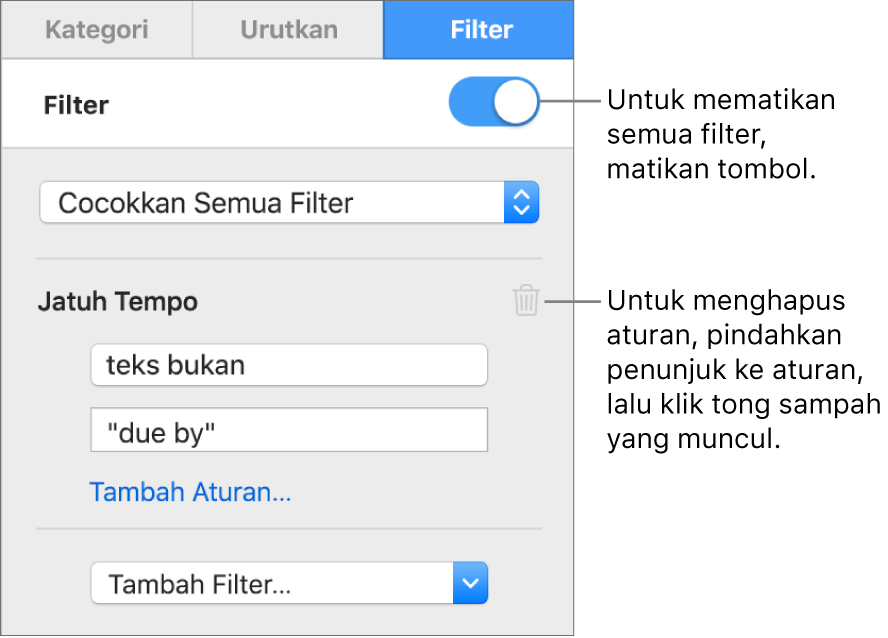 Kontrol untuk menghapus filter atau mematikan semua filter.
